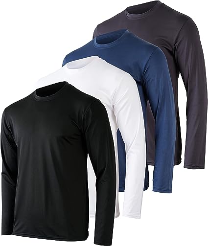 Real Essentials 4 Pack: Men's Dry-Fit Moisture Wicking Performances Long Sleeves T-Shirt, UV Sun Protection Outdoor Active Top