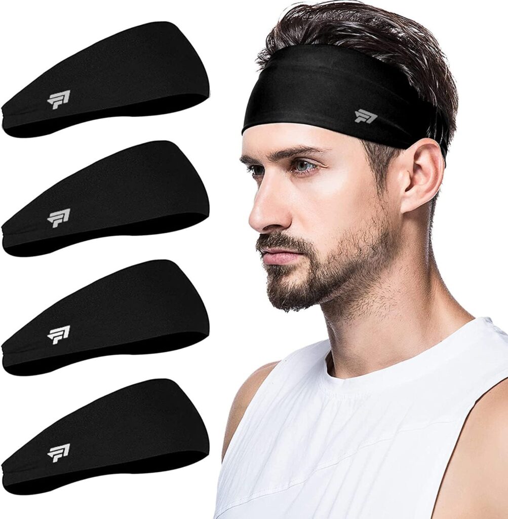 poshei Mens Headband (4 Pack), Mens Sweatband & Sports Headband for Running, Cycling, Yoga, Basketball - Stretchy Moisture Wicking Hairband 